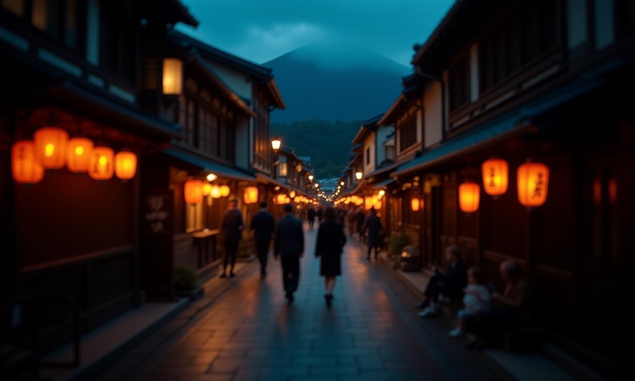 京都の古民家が立ち並ぶ通りを夕暮れに歩く人々