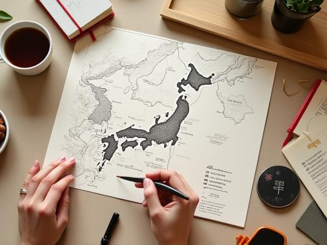地図を広げ、筆で旅の計画を立てる手元